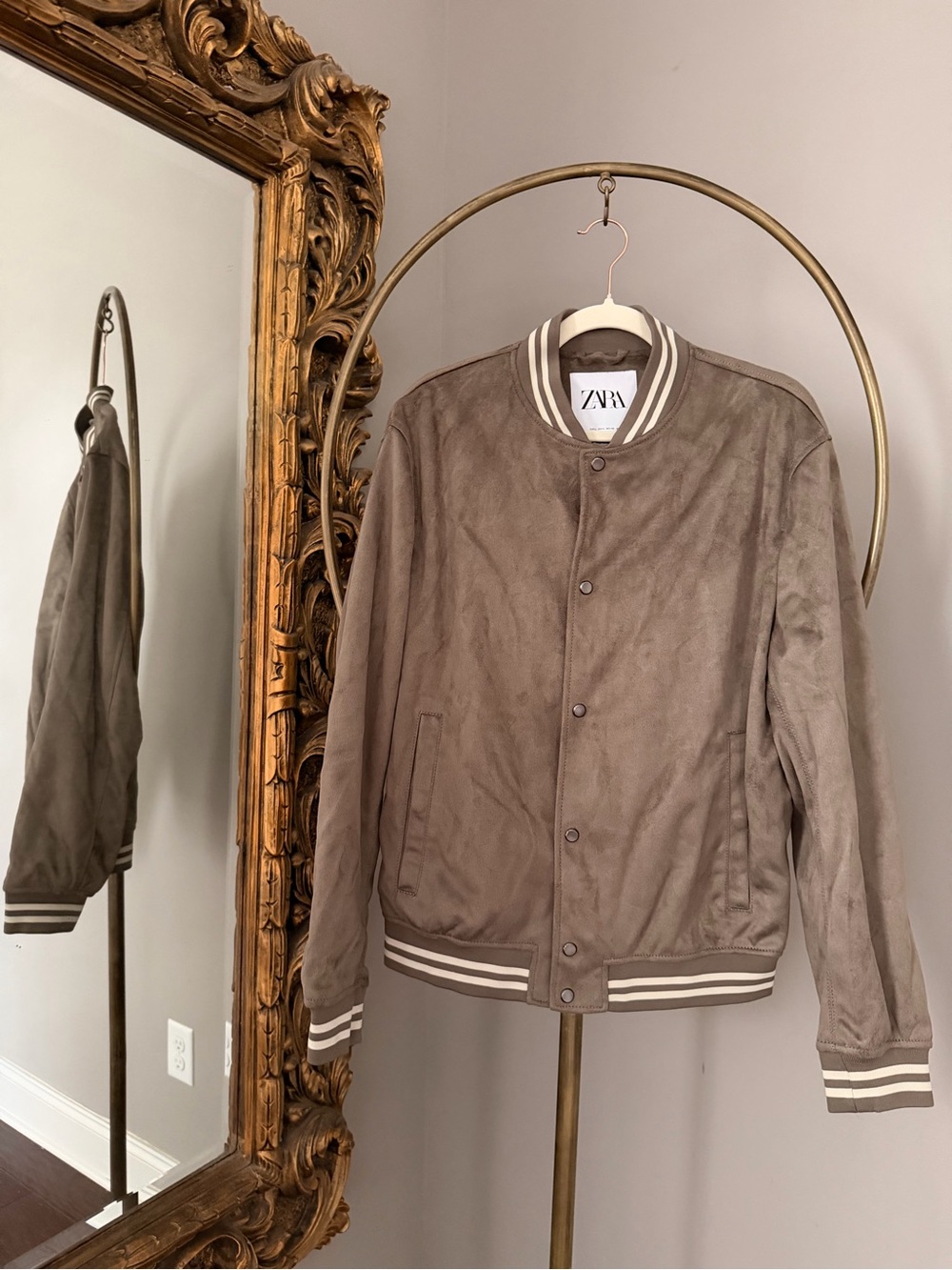 NWOT Zara Men's Taupe Suede-Feel Bomber Jacket